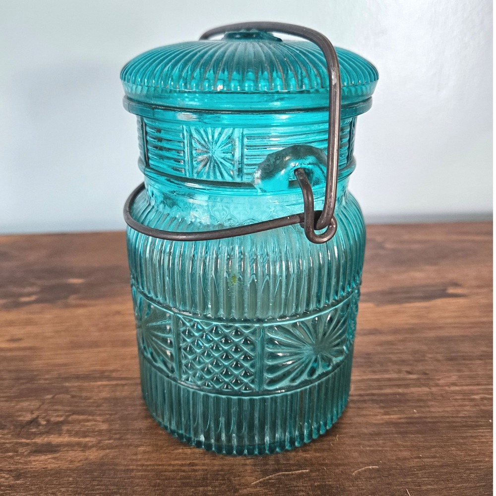 Vintage Avon Teal Blue Glass Jar Wire Bail Handle Sunburst Daisy Button Pattern
